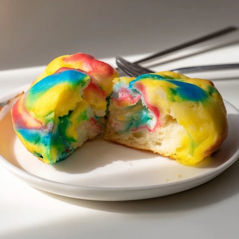 Cloud bread rainbow version baked to perfection, showcasing vibrant colors and fluffy texture.  