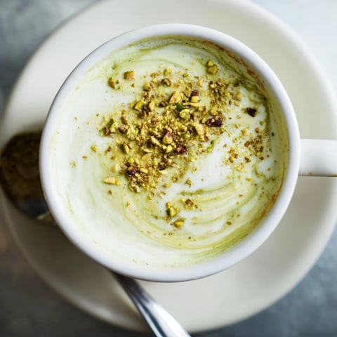 Creamy pistachio milk latte topped with crushed nuts, a delightful coffee treat.  