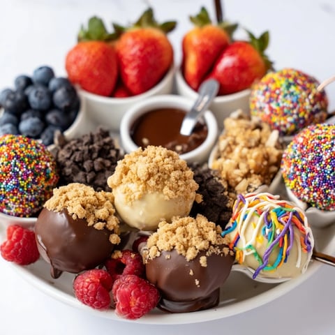 Decadent deconstructed dessert board with creamy cheesecake bites and fresh fruit toppings.  