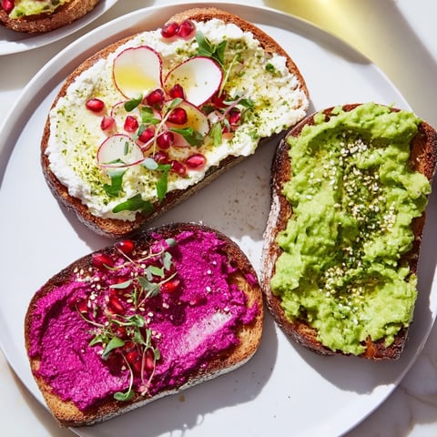 Vibrant and colorful Bright & Bold Breakfast Toasts topped with ube and avocado.  