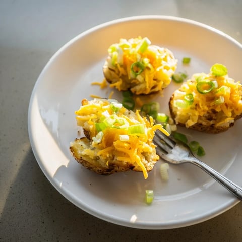 Crispy smashed green onion potato bombs topped with melted cheddar and fresh herbs.  