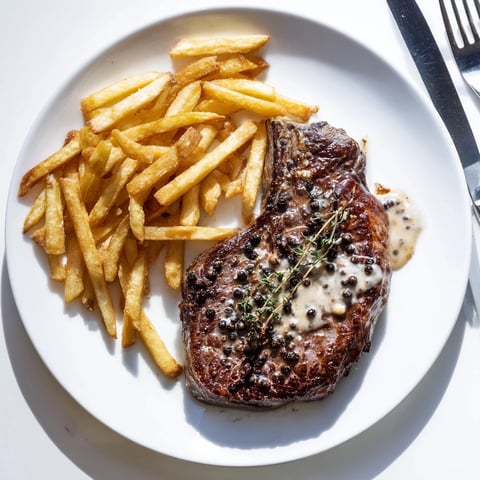 Juicy Classic Peppercorn Ribeye topped with creamy sauce, served with crispy fries.  