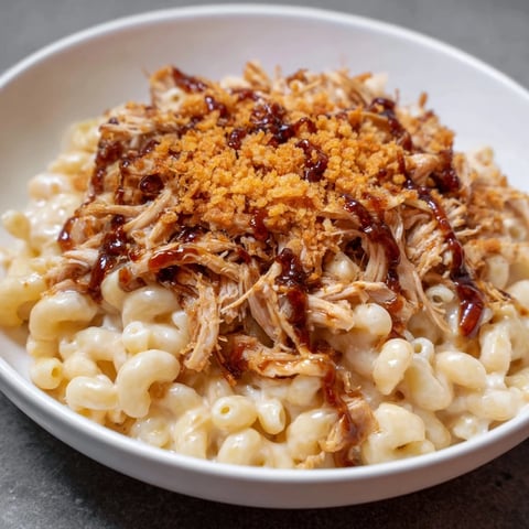 Golden, bubbly Classic Mac & Cheese with BBQ Chicken, a family favorite brimming with cheesy goodness.