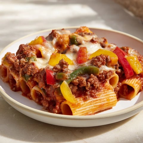 Baked Rigatoni with Sausage & Peppers, bubbling hot, cheese melted perfectly, ready to serve with fresh herbs.