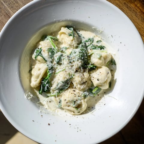 Creamy spinach Alfredo tortellini, a comforting vegetarian pasta dish topped with Parmesan cheese.
