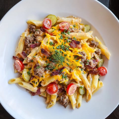 Creamy, cheesy Bacon Cheeseburger Pasta Bake with a golden, bubbly top, ready to serve and enjoy.