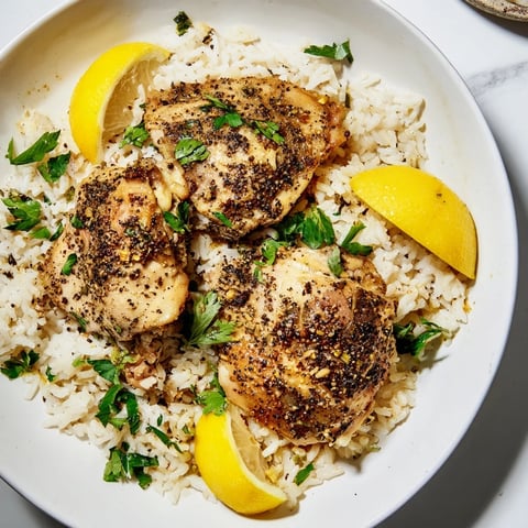 Juicy Lemon Pepper Chicken, glistening with herbs, served alongside fluffy white rice.