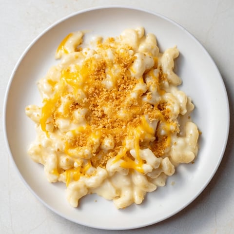 Steaming, bubbly Mac & Cheese with Evaporated Milk, topped with golden cheese, ready for serving straight from the oven.