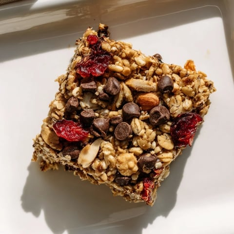 Golden-brown, chewy homemade granola bars, studded with seeds and chocolate chips, ready to eat.