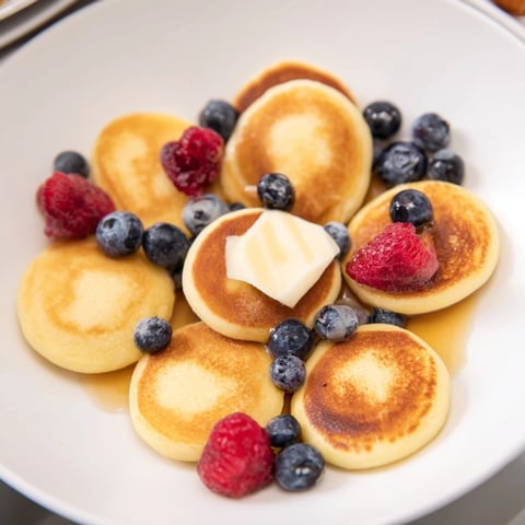 Golden brown pancake cereal in a bowl, drizzled with maple syrup and topped with fresh berries.