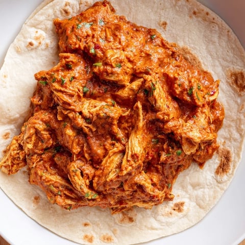 Tender, slow-cooked Sticky Chicken Tikka Masala Tacos, topped with vibrant cilantro and red onion.