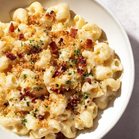 Golden-brown sheet pan mac and cheese with a crispy bacon crumble, perfectly cheesy.