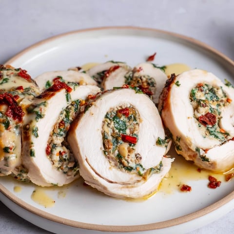 Golden-brown Marry Me Chicken and Stuffing Roulades, tender chicken and savory stuffing, served with a creamy sauce.