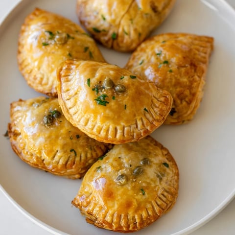 Golden, flaky Chicken Piccata Mini Hand Pies, filled with savory chicken, zesty lemon, and capers.