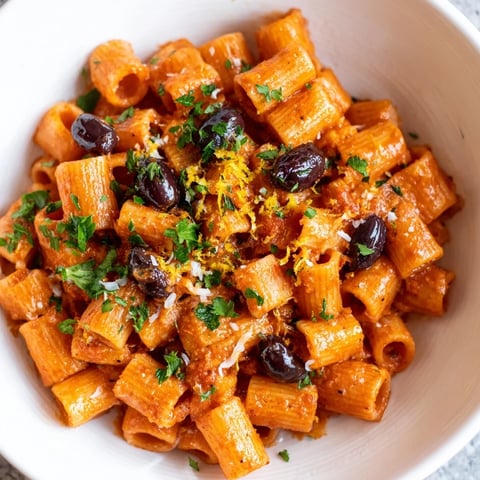 Steaming puttanesca ditalini pasta, a vibrant Italian dish with olives and capers in a rich tomato sauce.