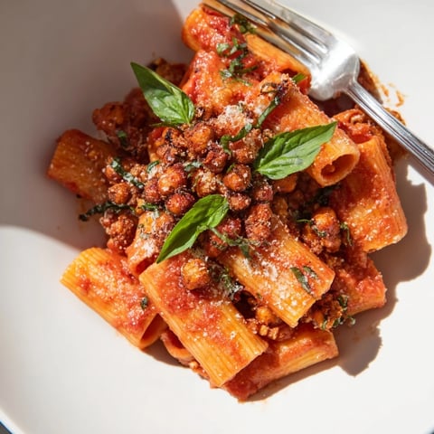 Vibrant bowl of Spicy Arrabbiata Roasted Chickpea Crunch Pasta, topped with parmesan and fresh basil.