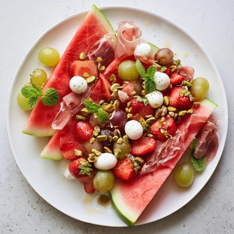 Freshly arranged Watermelon Slice Charcuterie, a colorful appetizer perfect for summer entertaining with chilled fruit.