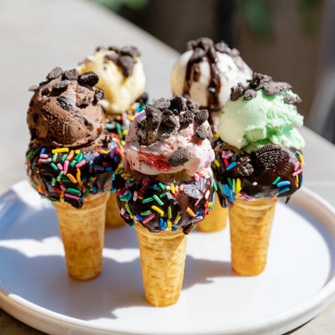 Ice cream cone grazing board overflowing with vibrant ice cream cones, colorful sprinkles, and fresh berries.