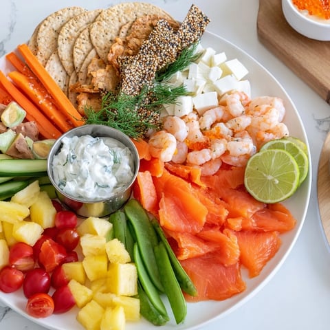 Wave Rider Surfer Snack Board featuring colorful fruits, seafood, and fresh dips for a summer appetizer.