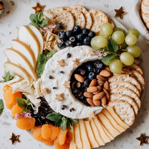 A visually appealing Crescent Moon Midnight Snack Board overflowing with assorted cheeses, fruits, and crackers.