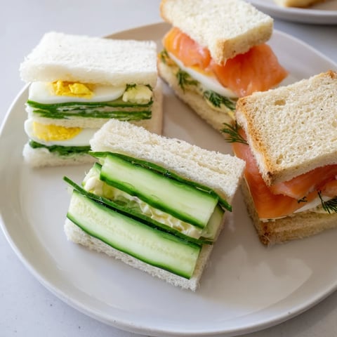Delicate Castle Feast Royal Tea Party Sandwiches, with cucumber, egg, and smoked salmon fillings, ready to serve.