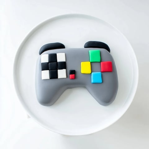 Pixel video game controller cake, a nostalgic treat with bright fondant and intricate pixel details.