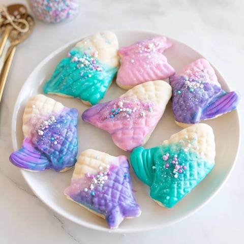 Delicate Mignardises Queue de Sirène, white chocolate-dipped madeleines shimmering with mermaid sprinkles, ready to enjoy.