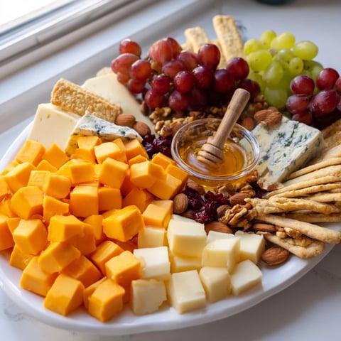 A colorful Cranberry Grape Man Cheese Board with creamy cheeses, vibrant grapes, and crunchy nuts.