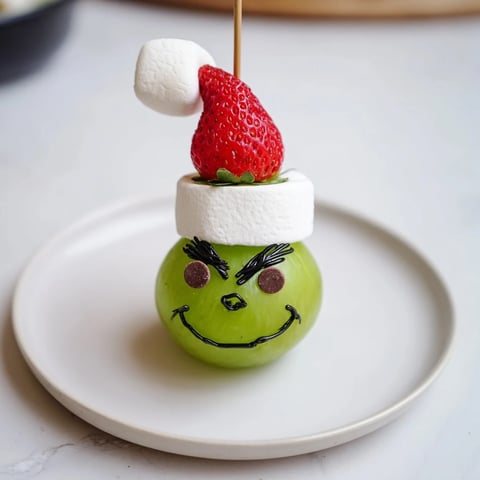 Delectable Grinch Snack featuring green grapes and marshmallow faces, perfect for holiday gatherings.