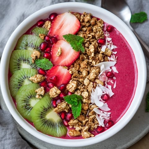 Vibrant Festive Red and Green Smoothie Bowls, layered with colorful fruits and crunchy granola, ready to eat.