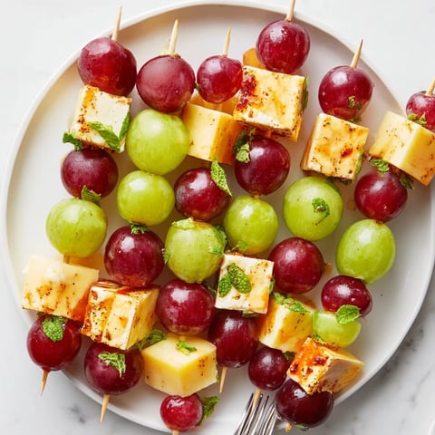 Sparkling Grape and Cheese Skewers arranged on a platter ready to be drizzled with honey, an elegant bite.