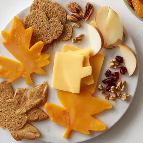 Thanksgiving Leaf Fall snack board with vibrant cheese, fruit, and nutty leaves cascading beautifully.