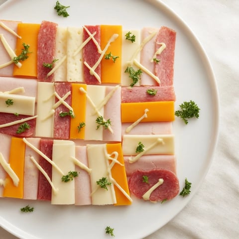 Appetizing "Patchwork Quilt" appetizer with vibrant meats and cheeses, stitched with mustard.