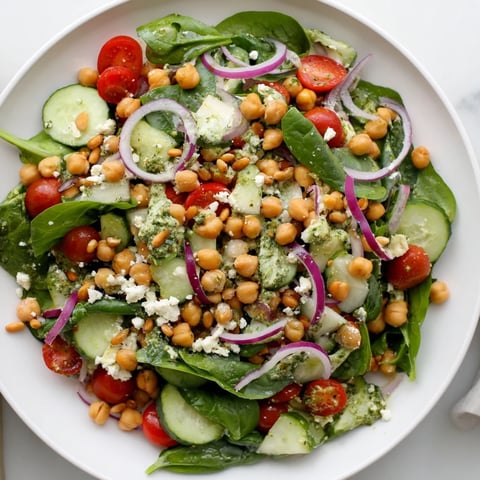 Vibrant Pesto Chickpea and Spinach Salad with glistening pesto, bursting with fresh tomatoes and creamy chickpeas.