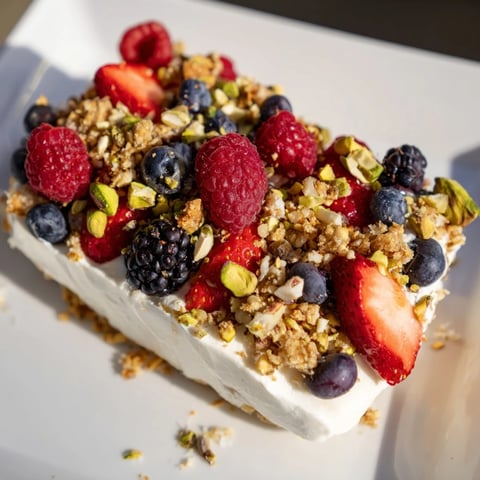 Vibrant Berry Yogurt Bark, frozen to perfection, studded with fresh berries and crunchy granola.