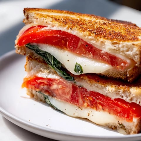 Golden tomato basil grilled cheese, oozing with melted cheese, served hot and ready to enjoy.