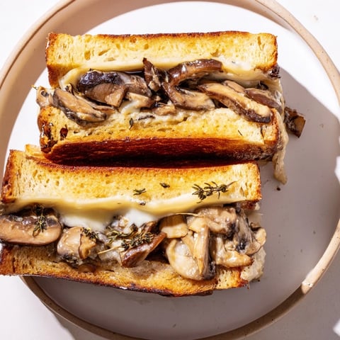 Creamy mushroom grilled cheese: golden, bubbly cheese oozes from a crusty sourdough sandwich with savory mushrooms.