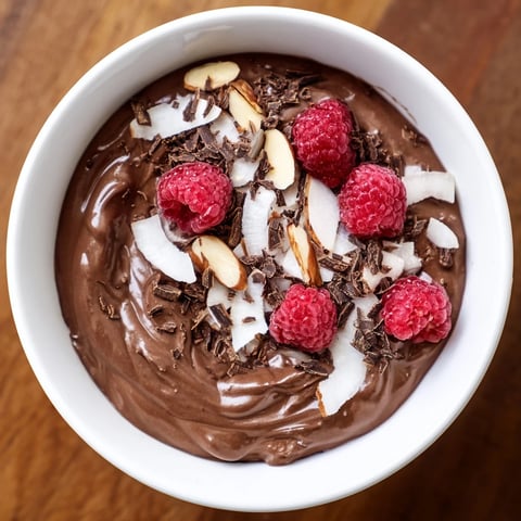 Creamy chocolate avocado mousse, rich in flavor, topped with fresh berries and dark chocolate shavings.