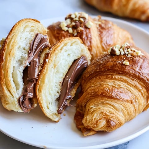 Golden-brown 3-Ingredient Nutella Croissants: warm, flaky pastry, filled with melted chocolate hazelnut spread.
