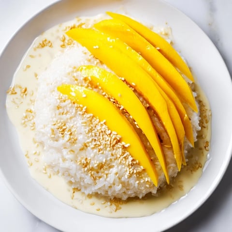 A vibrant photo of Thai Mango Sticky Rice: fluffy rice with fresh, sweet mango slices.