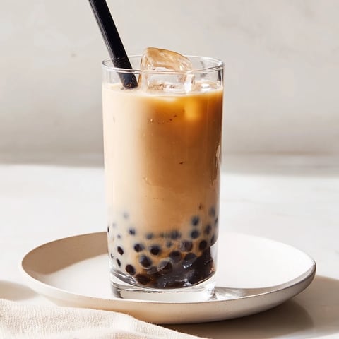 A refreshing glass of boba tea, showing the quick boba tea hack with creamy milk.
