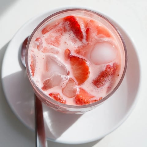 A close-up of the Refresher Copycat Pink Drink with fresh strawberry slices and ice.