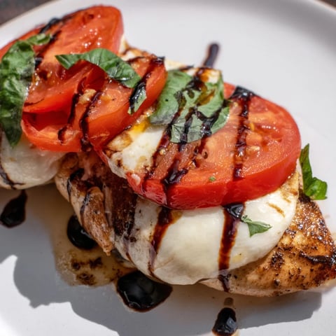 Golden-brown Caprese Chicken Skillet topped with melted mozzarella and fresh tomatoes in a skillet.