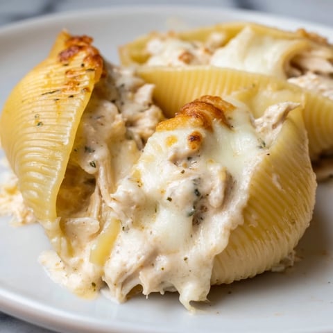 Golden-baked Chicken Alfredo Stuffed Shells topped with melted cheese and fresh parsley in a dish.
