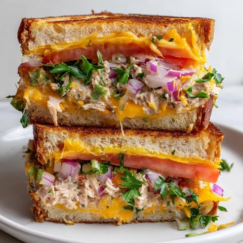 Golden-brown sourdough slices encase spicy tuna salad and melted cheddar, highlighting the gooey cheese pull in this Spicy Tuna Melt.  