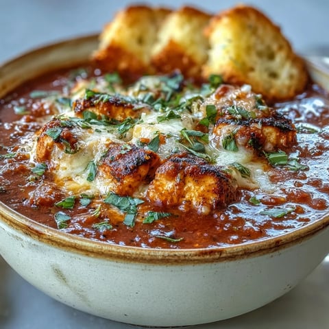 A steaming bowl of Grilled Chicken Parmesan Soup topped with melted cheeses, fresh basil, and crunchy garlic croutons.