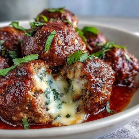 Tender, cheesy meatballs with garlic and marinara on a fork, ready to serve over spaghetti.