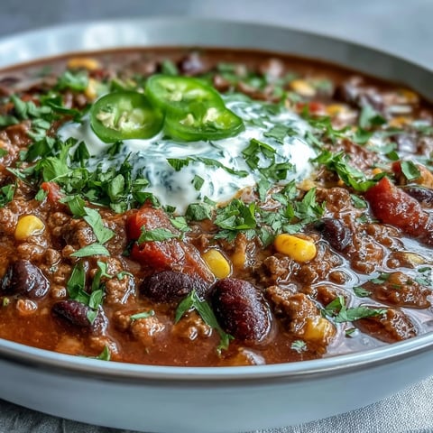 Hearty bowl of Taco Soup topped with melted cheese, sour cream, and fresh cilantro for a cozy Tex-Mex meal.