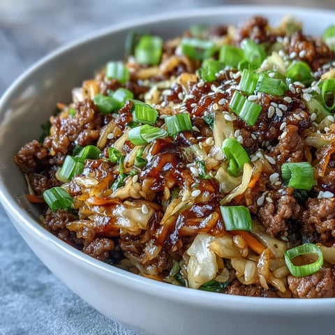 Sizzling ground pork cooks in a skillet with cabbage slaw for this low carb Egg Roll in a Bowl.
