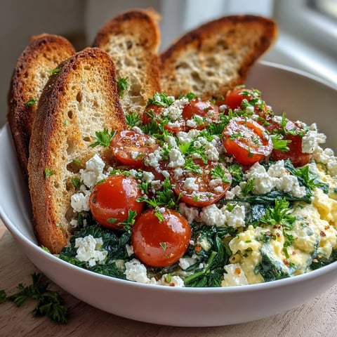 Fluffy scrambled eggs and sautéed spinach topped with creamy feta in a Spinach and Feta Breakfast Bowl, served with whole grain toast.